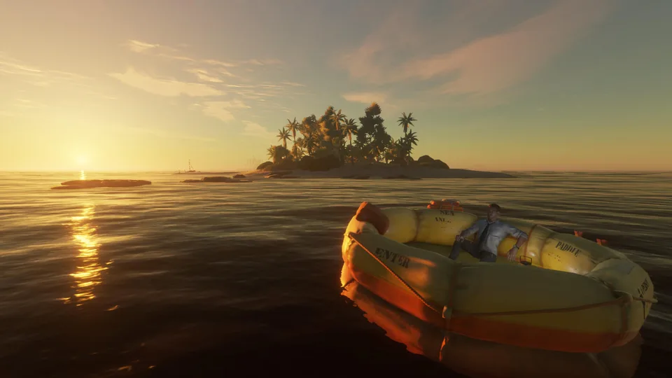 A castaway drifts on a yellow life raft toward a palm-covered island at sunset in Stranded Deep