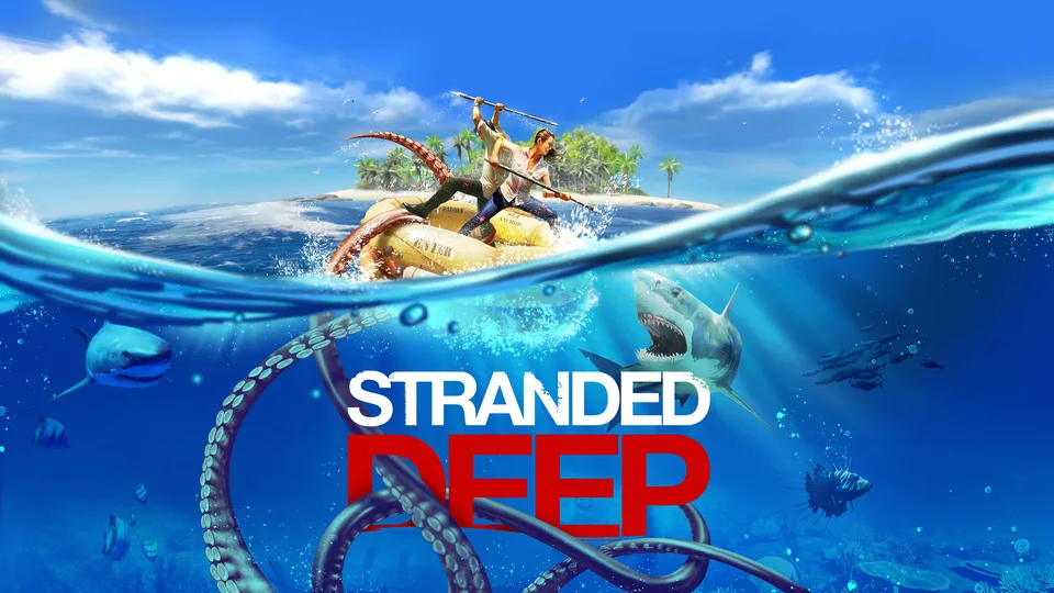 Official Stranded Deep key art: a survivor swings a spear from a yellow life raft while sharks and a giant octopus circle below the waterline